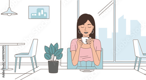 A serene moment as a young woman enjoys a warm drink in a minimalist urban cafe, showcasing modern lifestyle and relaxation with a subtle city view