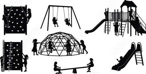 Playground silhouette, children playing, climbing wall, jungle gym, swing, slide, seesaw, black vector, outdoor fun, flavector