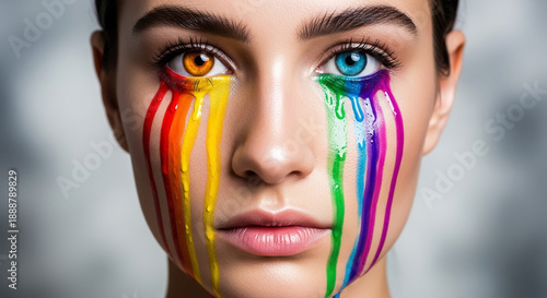 Spectrum of Emotion: Woman with Rainbow Tears and Two-Toned Eyes