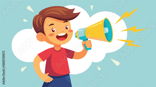 A young boy enthusiastically holds a megaphone while smiling and shouting excitedly. Wearing a colorful T-shirt, he stands against a bright blue sky with fluffy clouds, radiating energy and joy
