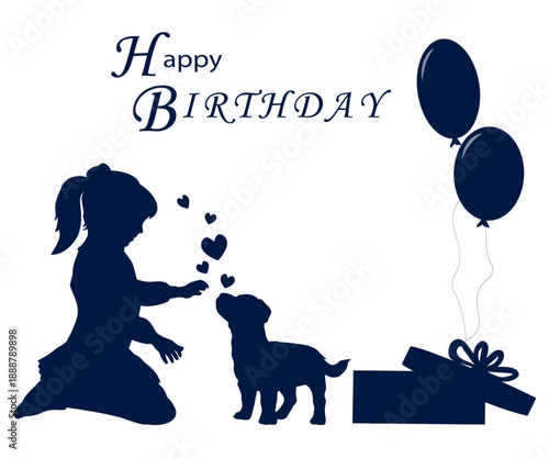 Happy birthday. Children silhouettes, a little girl with a puppy. Vector illustration.	
