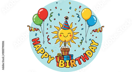 Happy Birthday design featuring a smiling sun wearing a party hat, balloons, gifts, and confetti, perfect for celebrations and festive occasions
