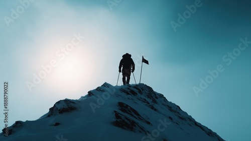 Lone mountain climber achieving success and victory, planting flag on snow peak under bright sun, representing challenge and exploration