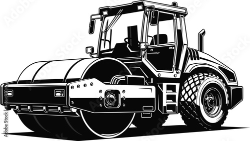 Road roller construction vehicle, heavy machinery illustration, black and white vector, asphalt compactor, engineering equipment, industrial transport, site work, flavector