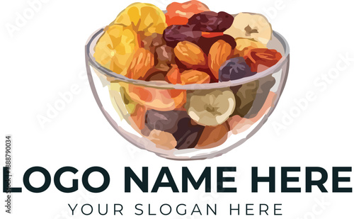 Glass bowl logo vector filled with dried fruits including banana, apricot, and apple for healthy snack branding