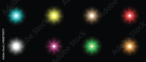 Collection of vibrant colorful light flares and glowing bright star bursts, shimmering sparkles, radiant lens flares, neon circular halos, luminous beams   vector illumination