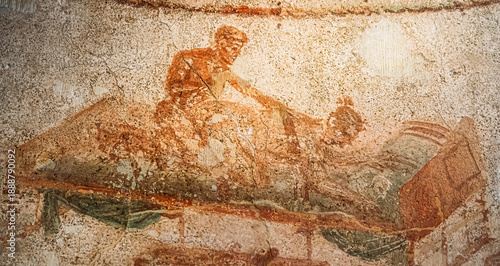 Fotografie Pompeii, Italy. Fresco Sex Scene On Wall Of Lupanar Of Pompeii