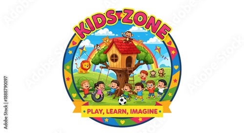 Kids Zone A Vibrant Play, Learn, and Imagine Area for Children Featuring a Treehouse and Playful Activities