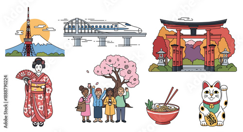 Vibrant Japanese Culture and Travel Illustrations Iconic Landmarks, Traditional Symbols, and Modern Life in a Charming Line Art Style
