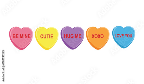 Colorful conversation hearts with cute messages on for valentines day or love themed designs and projects