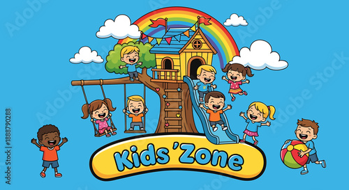 Playful cartoon scene depicting a diverse group of joyful children having fun at a vibrant outdoor kids' area with a treehouse, swing, and colorful rainbow
