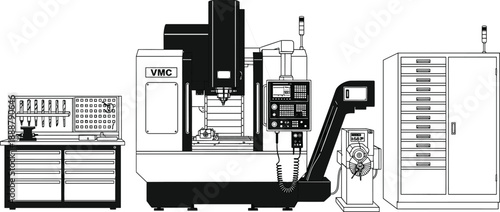 Vertical CNC machining center silhouette, industrial milling machine with tool cabinet and control unit, black vector manufacturing equipment illustration isolated