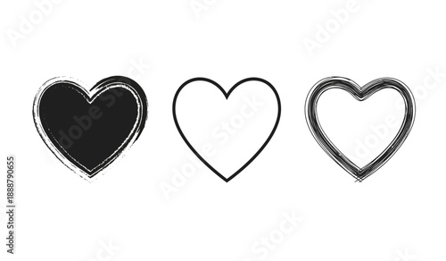 Three hand drawn hearts in black and white