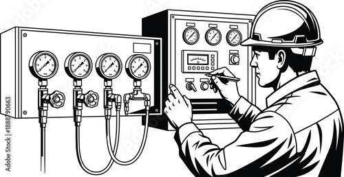 Industrial technician operating control panel gauges, safety helmet worker monitoring pressure instruments, black vector engineering maintenance illustration isolated white background