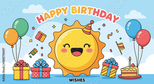 Happy Birthday Wishes Illustration with a Smiling Sun, Balloons, Gift Boxes, and Cake