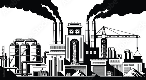 Industrial factory skyline illustration with smokestacks cranes pipelines and power plant, black vector manufacturing infrastructure isolated white background design art
