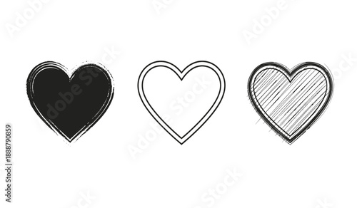 Three hand drawn hearts in black and white on a pure