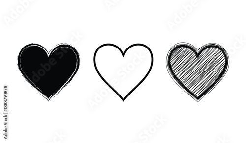 Three hand drawn hearts in different styles