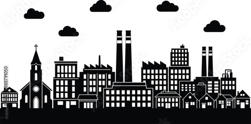 Urban industrial city skyline silhouette, factories smokestacks residential buildings church, black vector town landscape illustration isolated on white background