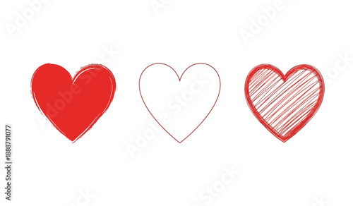 Three hand drawn hearts in different styles
