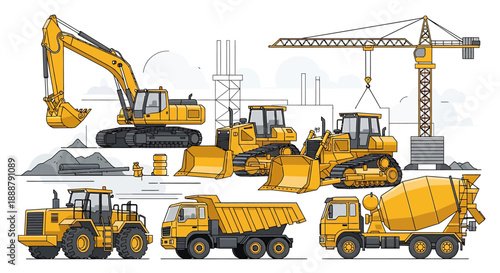 Heavy construction machinery vector set excavator, bulldozer, loader, dump truck, cement mixer for infrastructure and building projects