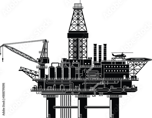 Offshore oil drilling platform silhouette, industrial sea rig with crane helipad pipelines, black vector energy extraction infrastructure illustration isolated