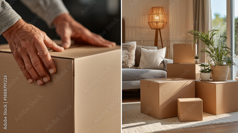Fototapeta premium A premium dual-layout lifestyle photo showing a close-up of hands sealing a cardboard box and a bright living room filled with packed boxes, ready for moving into a new home.