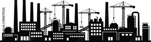 Industrial factory construction skyline silhouette, manufacturing plant with cranes smokestacks buildings, black vector urban industry panorama isolated white background