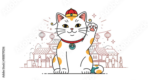 Maneki-Neko lucky cat illustration with raised paw, beckoning good fortune and prosperity. Vibrant line art style with an Asian market backdrop, symbolizing culture and success