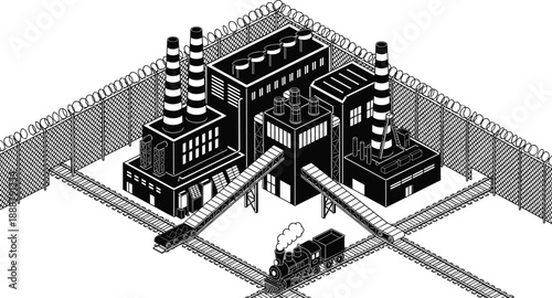 Isometric industrial factory complex silhouette, secured manufacturing plant with smokestacks railways fences, black vector production facility illustration isolated white background