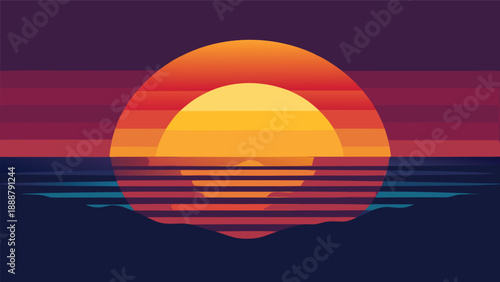 A bold, minimalist illustration of a sunset over the ocean, with vibrant colors and horizontal stripes capturing the beauty of the evening sky as the sun dips below the horizon