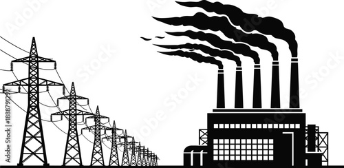 Industrial power plant pollution silhouette, factory smokestacks with transmission towers, black vector electricity generation and environmental impact illustration isolated