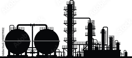 Petrochemical industrial refinery silhouette, storage tanks distillation columns pipelines, black vector oil gas processing plant infrastructure isolated white background