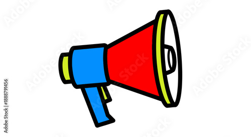 A_cartoonstyle_megaphone_featuring_a_blue_handle_a_red_cone_and_bright_yellowgreen_accents_outlined_in_black.