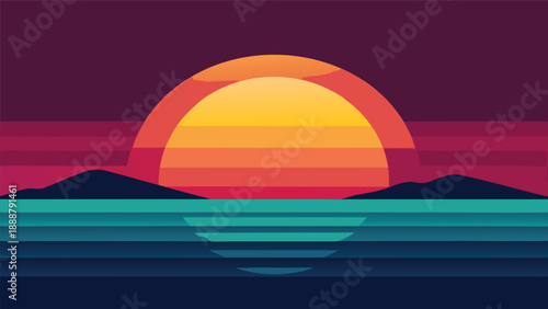 A bold, minimalist illustration of a sunset over the ocean, with vibrant colors and horizontal stripes capturing the beauty of the evening sky as the sun dips below the horizon