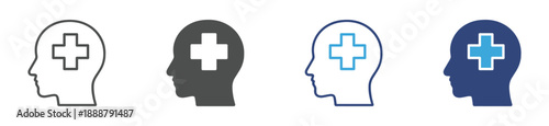 Mental Health Icon Set. Human Head with Medical Cross Symbols. Psychology Therapy and Healthcare Support Collection. Vector Illustration.