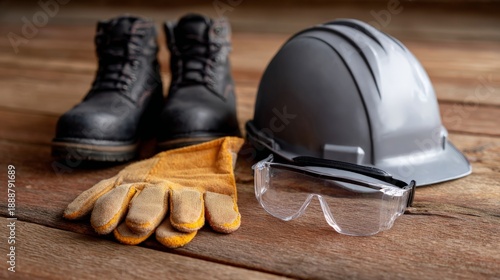 Personal protective equipment including hard hat, safety glasses, gloves, and boots on wooden surface