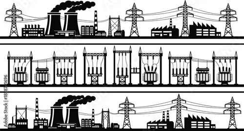 Electric power generation and transmission infrastructure silhouettes, industrial factories substations pylons, black vector energy grid illustration isolated on white