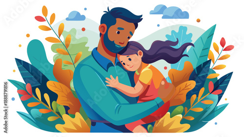 A heartwarming illustration of a father lovingly hugging his young daughter amidst a vibrant, nature-inspired backdrop filled with lush leaves and a peaceful, autumn atmosphere
