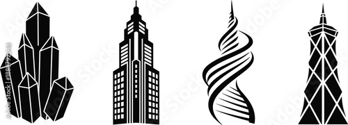 Modern abstract skyscraper tower icons, black geometric architecture silhouettes, futuristic city building symbols, minimal vector design set isolated on white