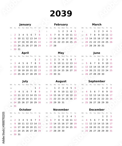 Kalender 2039 mit Wochenzählung, englisch, erster Wochentag ist Sonntag, Hochformat	