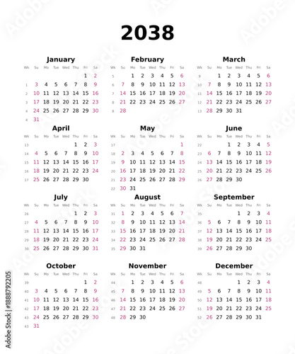Kalender 2038 mit Wochenzählung, englisch, erster Wochentag ist Sonntag, Hochformat	
