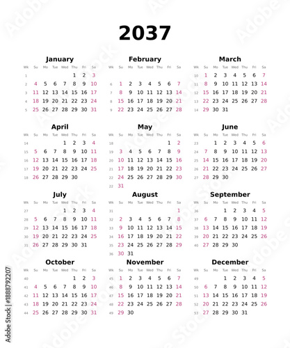 Kalender 2037 mit Wochenzählung, englisch, erster Wochentag ist Sonntag, Hochformat	