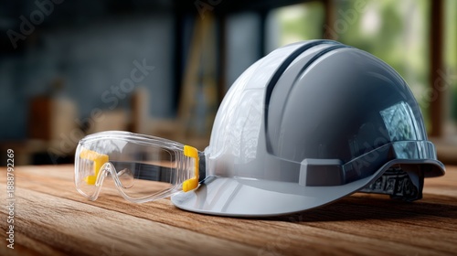 Gray hard hat and safety glasses on wooden table in bright workshop