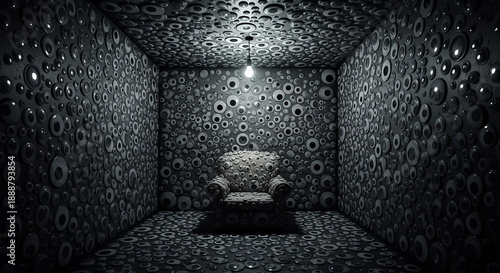 Eerie Surveillance: Armchair in a Room Covered with Watching Eyes