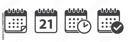 Four calendar icons set on white background including date agenda event and confirmed task symbol