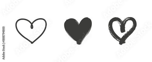Three different hand drawn hearts collection isolated on white background simple sketchy love icons