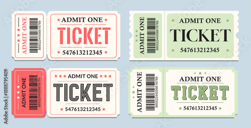 Vintage ticket set with barcode and serial numbers. Retro admit one coupons for cinema, theater, or concert. Vector illustration in red and green colors, isolated on background.