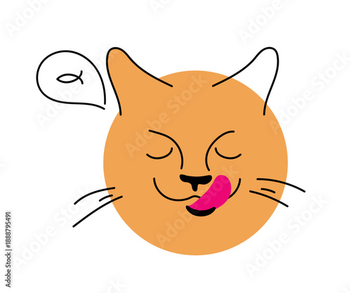 Dreamy cat. Red-haired cat, licking lips, sticking out tongue. Hand-drawn doodle hungry cat's face With eyes closed dreaming of delicious fish. Vector illustration for emotional sticker, emoji, comic