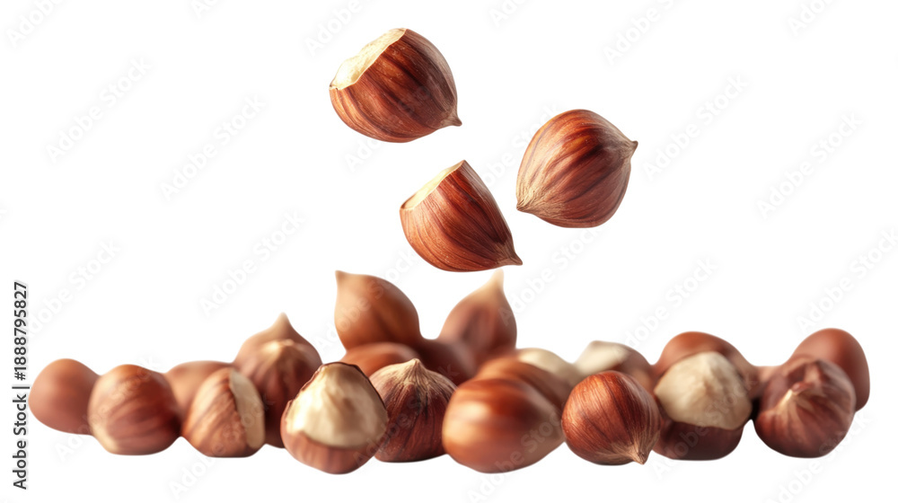 Obraz premium Hazelnuts falling in group or flying isolated on transparent background shot